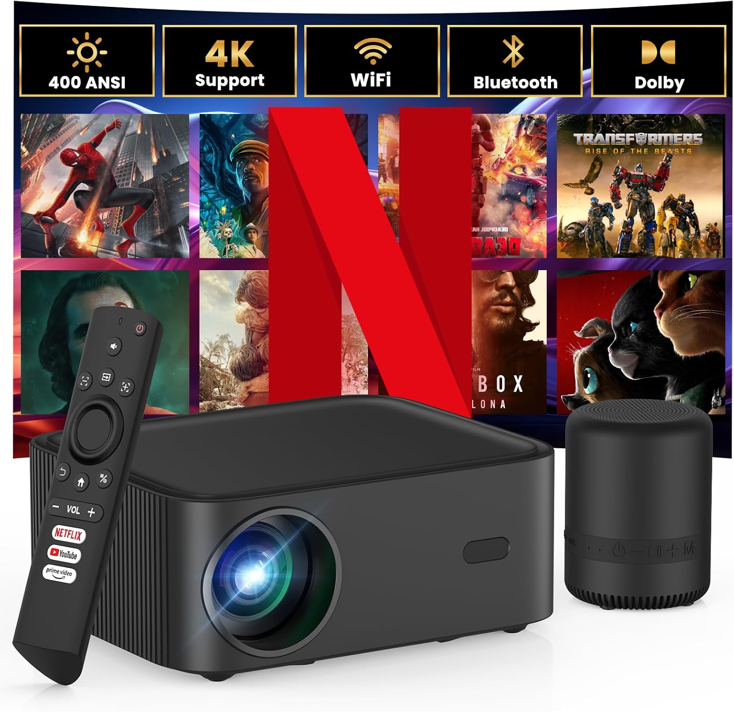 HAPPRUN Smart Projector mit WiFi und Bluetooth - Netflix-zertifiziert, 400 ANSI, Native 1080P, Dolby Audio