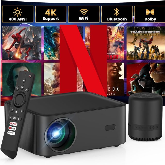 HAPPRUN Smart Projector with WiFi and Bluetooth – Netflix-Certified, 400 ANSI, Native 1080P, Dolby Audio